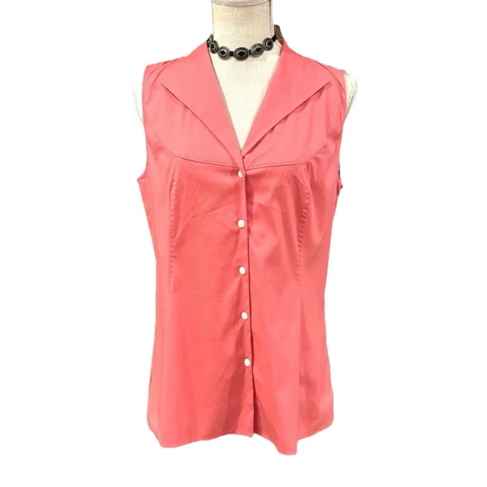 NEW LAFAYETTE 148 NY 8 MEDIUM SLEEVELESS COTTON STRETCH SHIRT CORAL STITCH YOKE - Picture 2 of 11